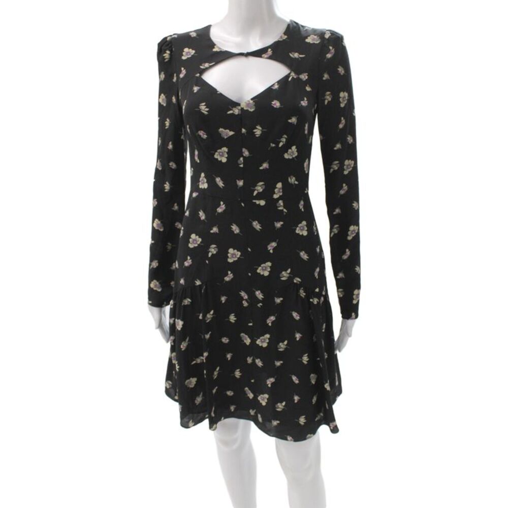 Rebecca Taylor Women Fit & Flare Black Silk Sweetheart Long Sleeve Dress Size 0